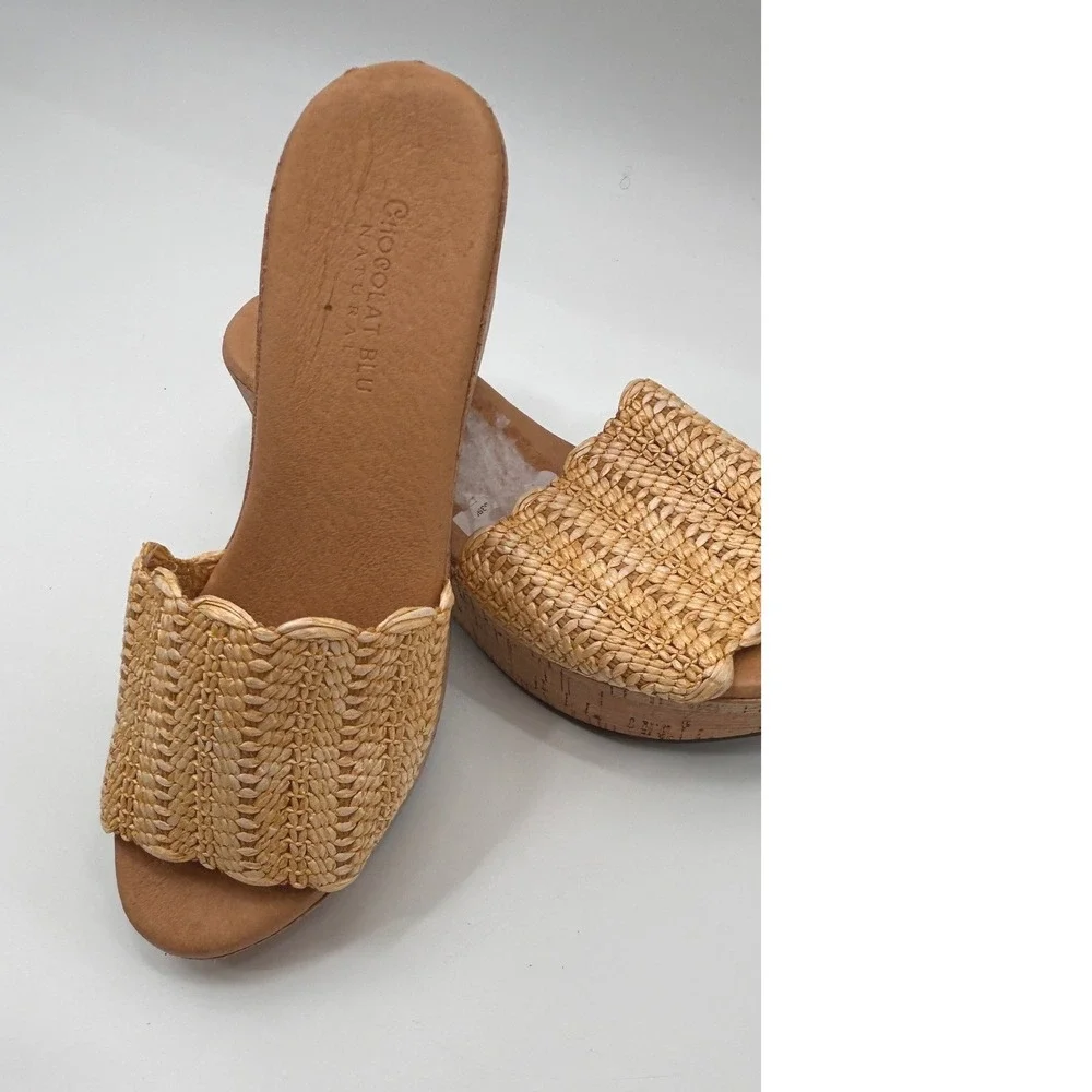 Chocolat Blu Gilda Raffia Platform Slide Sandals Size 8 Resort Boho Chic Beach